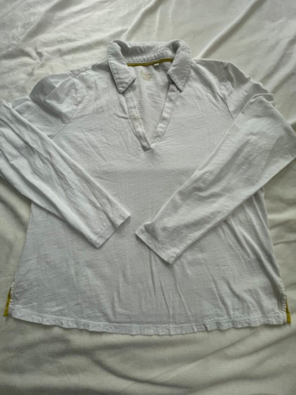 Boden Polo Shirt Women's Long Sleeve V-Neck Cotton, White, Size M